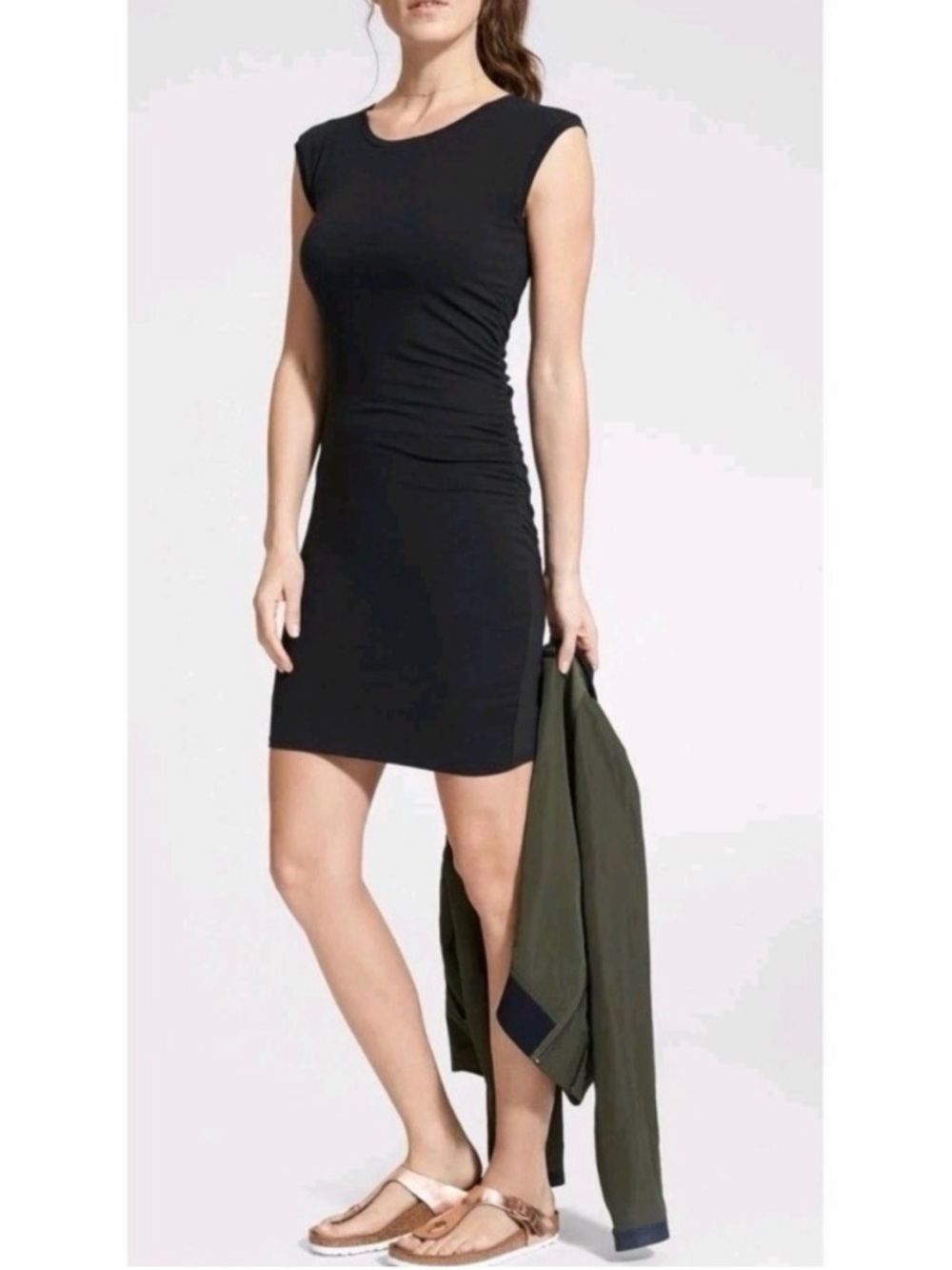 Athleta Carefree Tee dress black ruched short sleeve mini dress flattering small